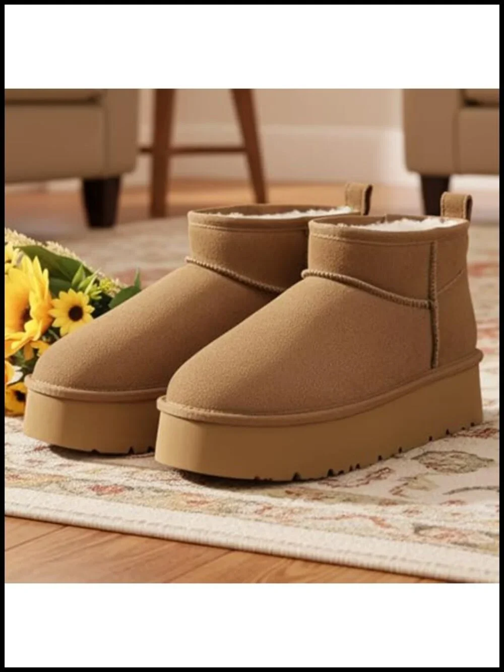 Genuine Suede Ankle Platform Boots with Faux Fur Lining Pull-On Chunky Heel